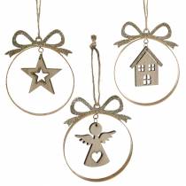 Appendino decorativo palla albero di Natale con stella, angelo e casa in metallo, legno Ø8,5cm H11cm 3 pezzi