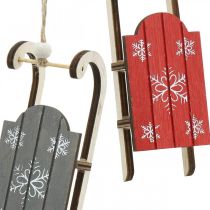 Slitta in legno, decoro invernale da appendere, decoro per l&#39;Avvento grigio/rosso L13cm 6pz