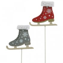 Prodotto Deco plug pattini da ghiaccio, decorazioni natalizie, plug in legno grigio, rosso L32cm 8pz
