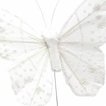 Farfalla piuma su filo bianco con glitter 10cm 12 pezzi