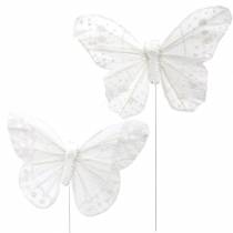 Farfalla piuma su filo bianco con glitter 10cm 12 pezzi