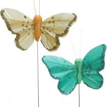 Farfalla con glitter, tappi decorativi, piuma farfalla primavera giallo, turchese, verde 4×6,5 cm 24 pezzi