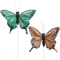 Prodotto Farfalle decorative, decorazioni primaverili, farfalle di piume, spine per piante verdi, marroni 9,5×12,5 cm 12 pezzi