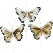 Farfalla decorativa, decorazione primaverile, falena su filo marrone, giallo, bianco 6×9cm 12pz