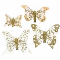 Farfalla piuma su clip glitter oro 10pz