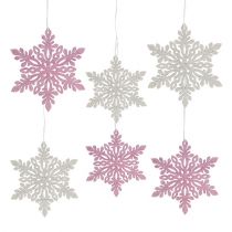 Fiocco di neve in legno 8-12 cm rosa/bianco 12 pezzi.