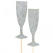 Decorazione di capodanno bicchiere di champagne tappo fiore d&#39;argento 9 cm 18 pezzi