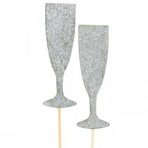 Prodotto Decorazione di capodanno bicchiere di champagne tappo fiore d&#39;argento 9 cm 18 pezzi