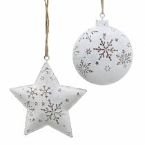 Appendino decorativo stella e palla albero di Natale con fiocchi di neve in metallo bianco Ø9,5 / 7,6 cm H10 / 9,2 cm 4 pezzi