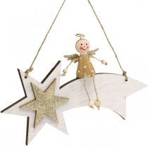 Prodotto Angelo su stella cadente, decorazione natalizia da appendere, Advent White, Golden H13cm W21.5cm 2 pezzi