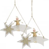 Prodotto Angelo su stella cadente, decorazione natalizia da appendere, Advent White, Golden H13cm W21.5cm 2 pezzi