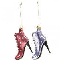Stivali in vetro con decorazione per albero di Natale rosa, viola 10,5 cm 2 pezzi