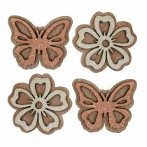 Decorazione in legno fiori/farfalle bianco/rosa Ø4cm 36p