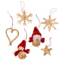 Prodotto Set di ornamenti in paglia per albero di Natale, figure e stelle da 6 cm, 30 pezzi