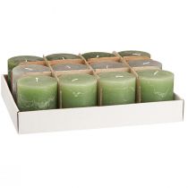 Prodotto Set di candele a colonna, 3 tonalità di verde, interamente tinte, candele decorative per la decorazione della tavola e il benessere, 70x80 mm, 12 pezzi