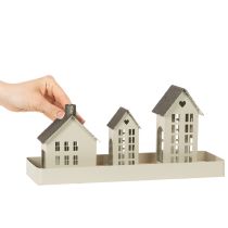 Prodotto Set di fari in metallo, tre casette su vassoio, 35 cm, 1 set