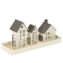 Prodotto Set di fari in metallo, tre casette su vassoio, 35 cm, 1 set