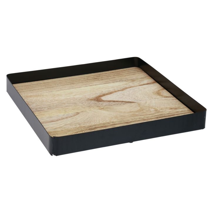 Vassoio decorativo metallo legno quadrato nero naturale 25,5×25,5×4 cm