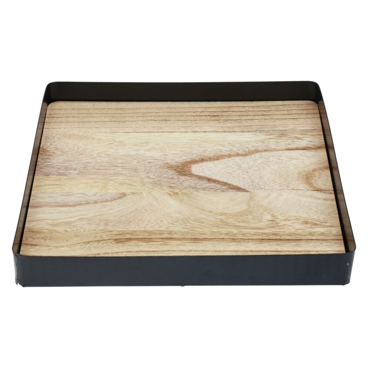Vassoio decorativo metallo legno quadrato nero naturale 25,5×25,5×4 cm