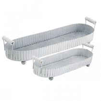Vassoio decorativo, decorazione in metallo ovale, portacandele bianco, argento Shabby Chic L40 / 29,5 cm 9,5 / 8,5 cm set di 2