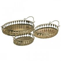 Ciotola in metallo con manici, set vassoio decorativo aspetto antico dorato L39 / 33,5 / 28,5 cm set da 3