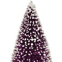 Prodotto Albero di Natale decorativo viola con punta innevata su base rustica in legno da 15 cm, 3 pezzi.
