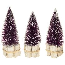 Prodotto Albero di Natale decorativo viola con punta innevata su base rustica in legno da 15 cm, 3 pezzi.