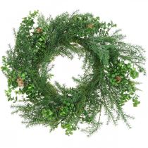 Ghirlanda decorativa con rami di conifere, pigne e scatola verde 60cm