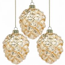 Prodotto Coni da appendere, decorazioni per alberi, coni decorativi innevati Oro H9,5 cm Ø8 cm vero vetro 3 pezzi