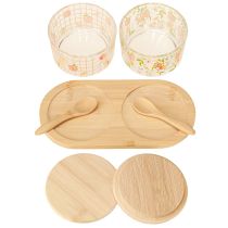 Prodotto Set di tapas con vasetti di marmellata di pesche su vassoio 20×10×6,5 cm