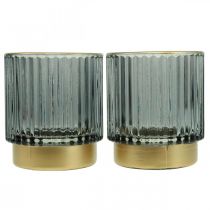 Lanterna porta tealight in vetro rigato oro/grigio H8cm 2pz