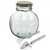 Set bottiglia da giardino in vetro con coperchio in sughero e attrezzi Ø21cm H25cm