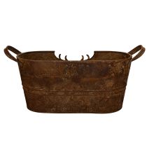 Prodotto Ciotola ovale in metallo con manici, decorazione a cervo, finitura ruggine, 36 cm