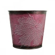 Prodotto Vaso decorativo per piantare, secchio di latta, decorazione in metallo con motivo a foglia rosso vino Ø14cm H12,5cm