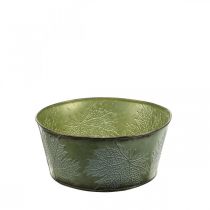 Vaso per fioriera con foglie d&#39;acero, decorazione autunnale, vaso in metallo verde Ø25cm H11cm