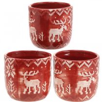 Decorazione in ceramica con renne, decorazione dell&#39;Avvento, fioriera con motivo norvegese rosso / bianco Ø7.5cm H7cm 6 pezzi