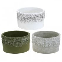 Fioriere con ghiande e foglie, fioriera in ceramica verde, bianco, grigio Ø17cm H9,5cm set di 3