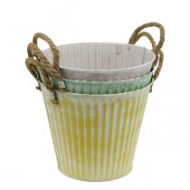 Vaso decorativo, secchio in metallo per piantare, fioriera con manici, rosa/verde/giallo shabby chic Ø14,5 cm H13 cm set di 3