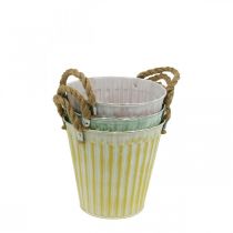 Prodotto Secchio per piante, vaso in metallo con manici, fioriera decorativa per piantare rosa/verde/giallo shabby chic Ø12cm H10cm set di 3