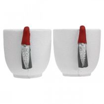 Prodotto Vaso natalizio con gnomo, decorazione dell'avvento, fioriera in cemento bianco, rosso Ø8cm H12.5cm 2 pezzi