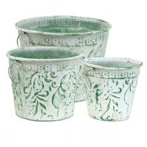 Vasi in metallo con manici, fioriere con goffratura bianco, verde shabby chic H20.5/18.5/16cm Ø25.5/20.5/15.5cm set da 3