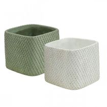 Fioriera in ceramica bianco verde rete a rilievo 13,5x13,5cm H13cm 2pz
