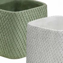 Fioriera in ceramica bianco verde rete a rilievo 13,5x13,5cm H13cm 2pz