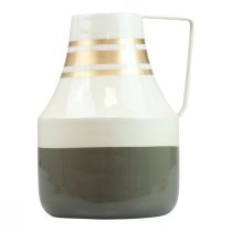 Prodotto Vaso vintage in metallo con manico, brocca decorativa, shabby chic, Ø17cm H23cm, crema/grigio/oro