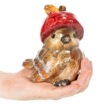 Prodotto Statuetta decorativa di uccello con cappello di mela rossa, decorazione autunnale, 13 cm