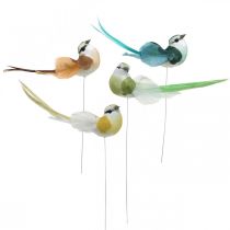 Uccelli decorativi, decorazione primaverile, uccelli con piume, estate, uccelli su filo, colorati H3,5 cm, 12 pezzi
