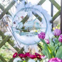 Decorazione uccellino da appendere, cartello di benvenuto, decorazione in metallo per la primavera, decorazione per porta verde, bianco Ø27cm set di 2