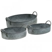Fioriera con manici, vasca in zinco, fioriera effetto anticato, argento L35,5 / 30,5 / 26,5 cm, set di 3