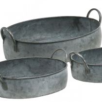 Fioriera con manici, vasca in zinco, fioriera effetto anticato, argento L35,5 / 30,5 / 26,5 cm, set di 3