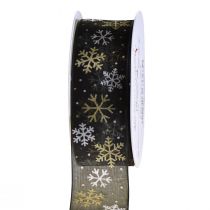 Nastro natalizio fiocchi di neve in organza nero oro 40mm 15m